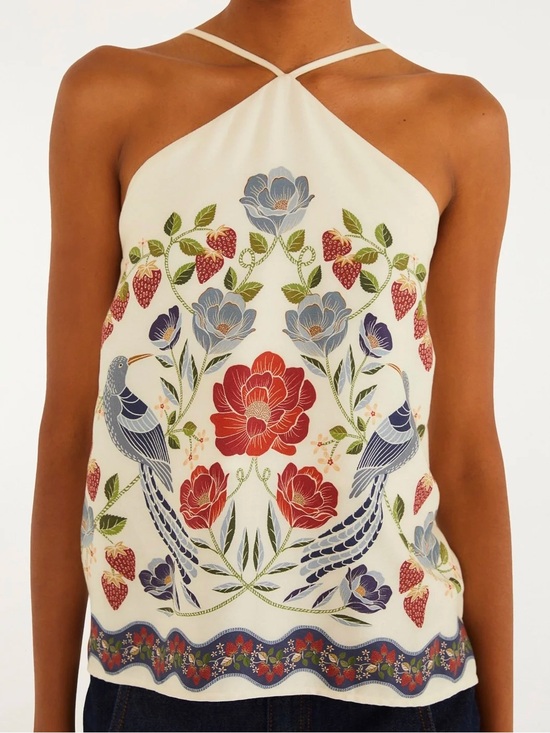 FARM Rio Tops - FARM Rio Cream Halter Camisole with Red & Blue Floral Embroidery